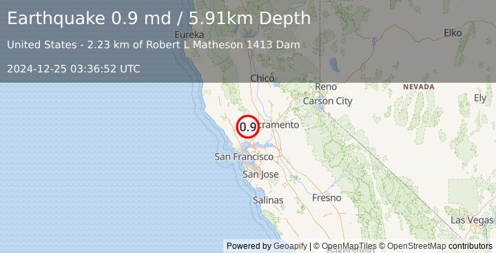 Earthquake 14 km ESE of Angwin, CA (0.9 md) (2024-12-25 03:36:52 UTC)