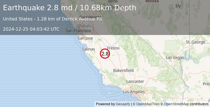 Earthquake 14 km SW of Cantua Creek, CA (2.8 md) (2024-12-25 04:03:42 UTC)