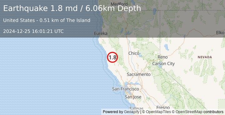 Earthquake 7 km NE of Brooktrails, CA (1.8 md) (2024-12-25 16:01:21 UTC)