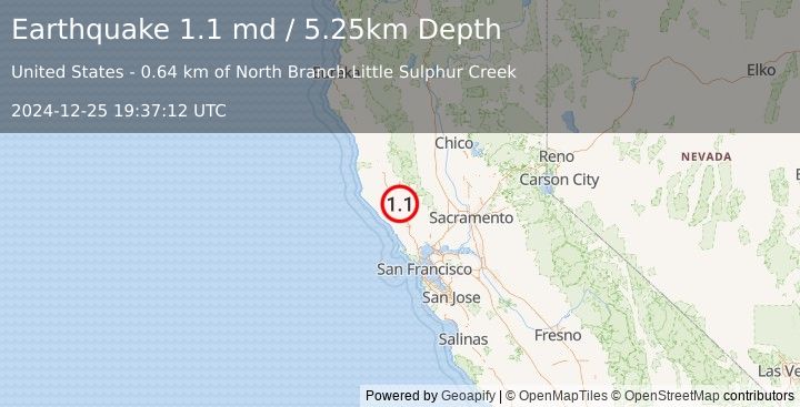 Earthquake 10 km ESE of Cloverdale, CA (1.1 md) (2024-12-25 19:37:12 UTC)