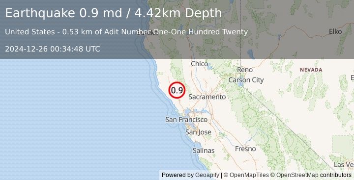 Earthquake 8 km NW of The Geysers, CA (0.9 md) (2024-12-26 00:34:48 UTC)