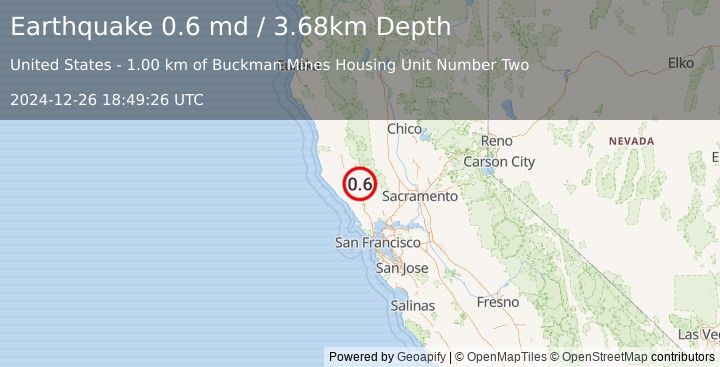 Earthquake 5 km WNW of The Geysers, CA (0.6 md) (2024-12-26 18:49:26 UTC)