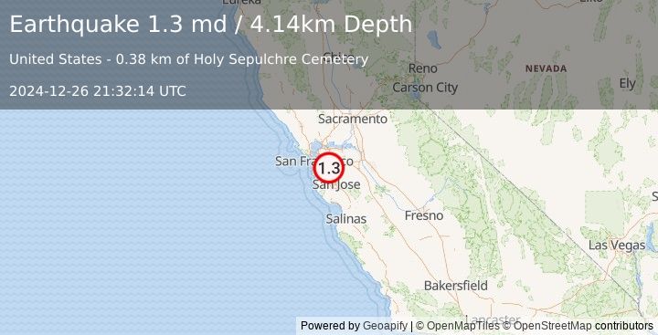 Earthquake 1 km ENE of Hayward, CA (1.3 md) (2024-12-26 21:32:14 UTC)