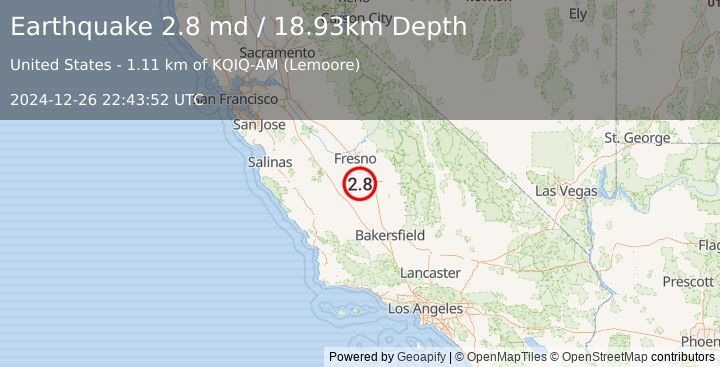 Earthquake 4 km SE of Armona, CA (2.8 md) (2024-12-26 22:43:52 UTC)