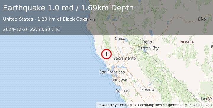 Earthquake 9 km NW of The Geysers, CA (1.0 md) (2024-12-26 22:53:50 UTC)