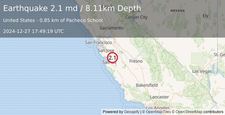 Earthquake 10 km  of Hollister, CA (2.1 md) (2024-12-27 17:49:19 UTC)