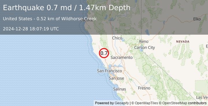 Earthquake 10 km NW of The Geysers, CA (0.7 md) (2024-12-28 18:07:19 UTC)