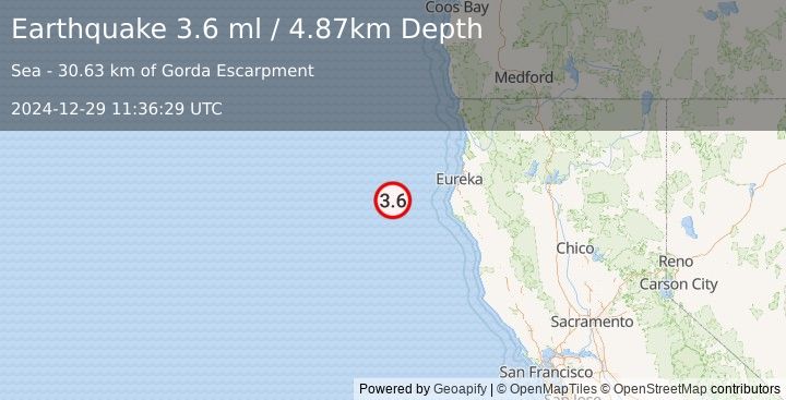 Earthquake 104 km WNW of Petrolia, CA (3.6 ml) (2024-12-29 11:36:29 UTC)