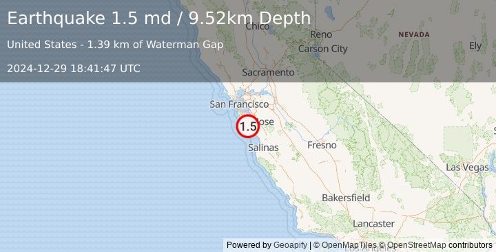 Earthquake 10 km N of Boulder Creek, CA (1.5 md) (2024-12-29 18:41:47 UTC)