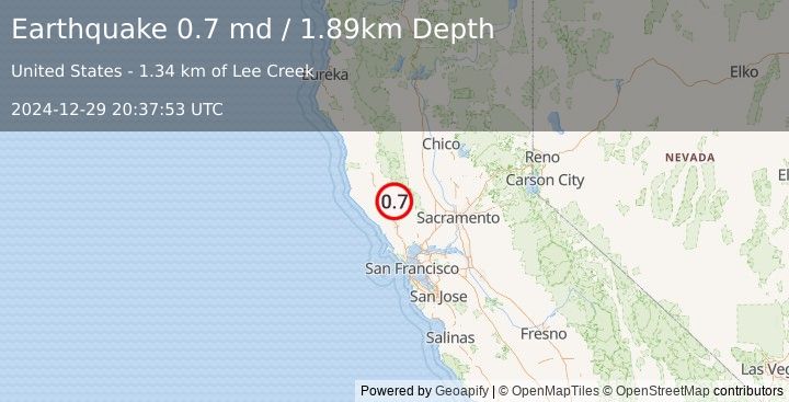 Earthquake 5 km WNW of Cobb, CA (0.7 md) (2024-12-29 20:37:53 UTC)