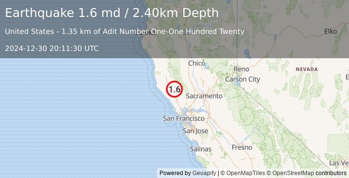 Earthquake 9 km NW of The Geysers, CA (1.6 md) (2024-12-30 20:11:30 UTC)