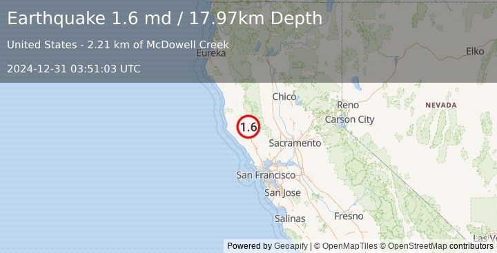 Earthquake 8 km SW of Lakeport, CA (1.6 md) (2024-12-31 03:51:03 UTC)