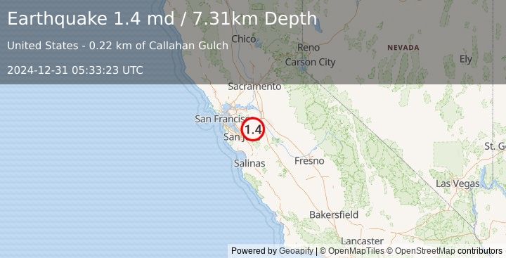 Earthquake 26 km SW of Tracy, CA (1.4 md) (2024-12-31 05:33:23 UTC)