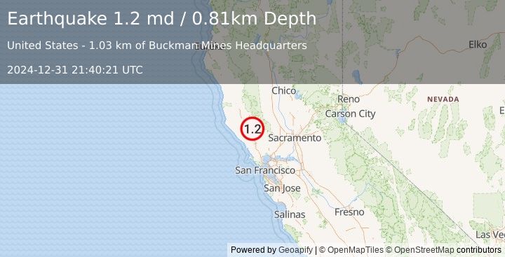 Earthquake 6 km NW of The Geysers, CA (1.2 md) (2024-12-31 21:40:21 UTC)