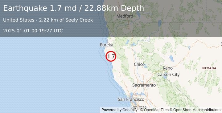 Earthquake 4 km NNW of Redway, CA (1.7 md) (2025-01-01 00:19:27 UTC)