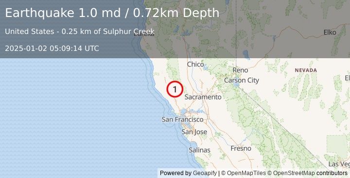 Earthquake 5 km NNW of Cobb, CA (1.0 md) (2025-01-02 05:09:14 UTC)