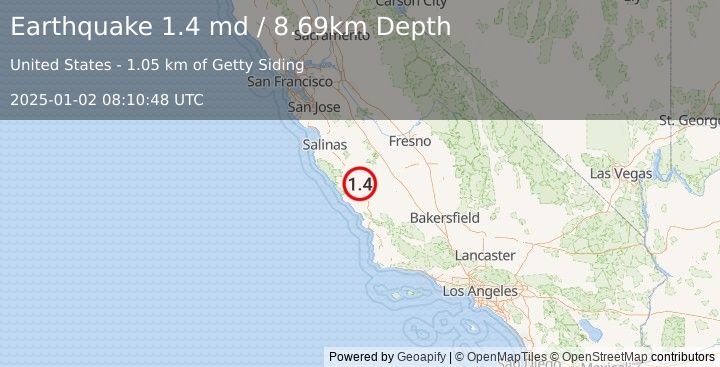 Earthquake 5 km SSE of San Ardo, CA (1.4 md) (2025-01-02 08:10:48 UTC)