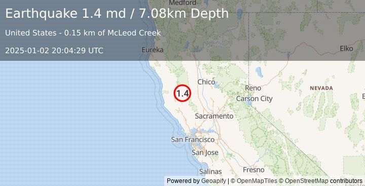 Earthquake 10 km SE of Lake Pillsbury, CA (1.4 md) (2025-01-02 20:04:29 UTC)