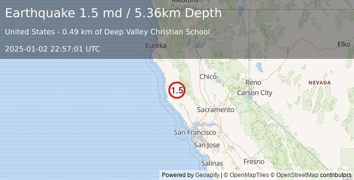 Earthquake 2 km WSW of Redwood Valley, CA (1.5 md) (2025-01-02 22:57:01 UTC)