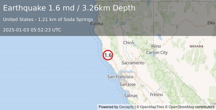 Earthquake 3 km E of Boonville, CA (1.6 md) (2025-01-03 05:52:23 UTC)