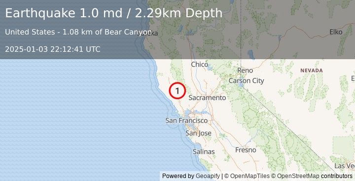 Earthquake 8 km NW of The Geysers, CA (1.0 md) (2025-01-03 22:12:41 UTC)