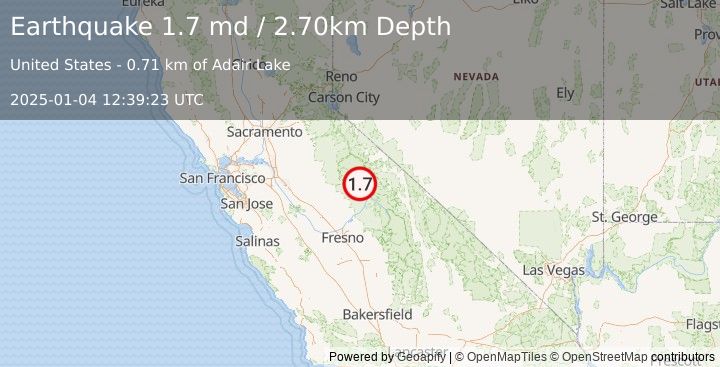 Earthquake 17 km SE of Yosemite Valley, CA (1.7 md) (2025-01-04 12:39:23 UTC)