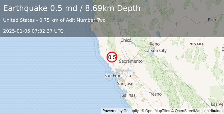 Earthquake 6 km NW of The Geysers, CA (0.5 md) (2025-01-05 07:32:37 UTC)