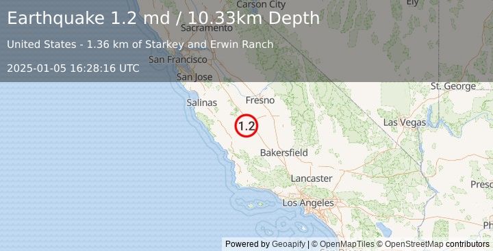 Earthquake 11 km NW of Avenal, CA (1.2 md) (2025-01-05 16:28:16 UTC)