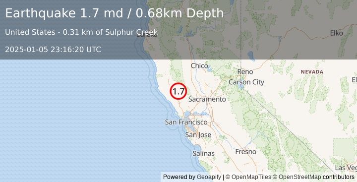 Earthquake 5 km NW of Cobb, CA (1.7 md) (2025-01-05 23:16:20 UTC)