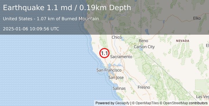 Earthquake 2 km  of The Geysers, CA (1.1 md) (2025-01-06 10:09:56 UTC)