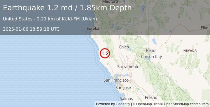 Earthquake 10 km NNW of Redwood Valley, CA (1.2 md) (2025-01-06 18:59:18 UTC)