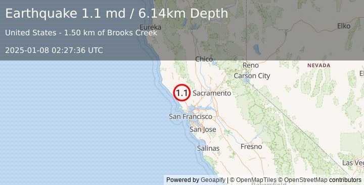 Earthquake 6 km NNE of Windsor, CA (1.1 md) (2025-01-08 02:27:36 UTC)