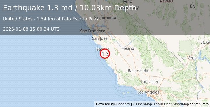 Earthquake 11 km SW of Gonzales, CA (1.3 md) (2025-01-08 15:00:34 UTC)