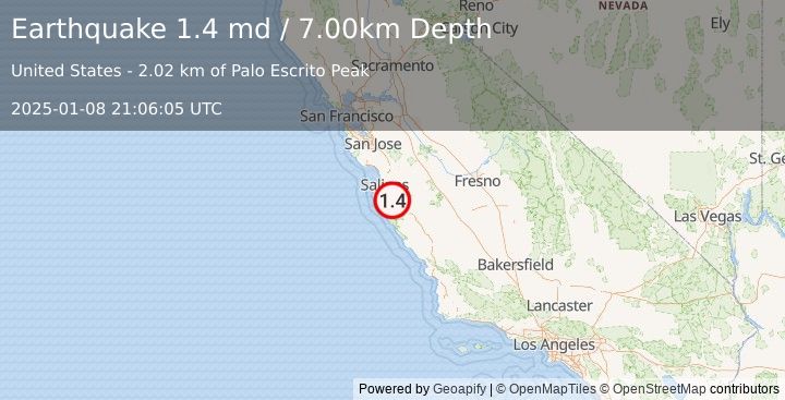 Earthquake 10 km SW of Gonzales, CA (1.4 md) (2025-01-08 21:06:05 UTC)