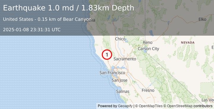 Earthquake 8 km NNW of The Geysers, CA (1.0 md) (2025-01-08 23:31:31 UTC)