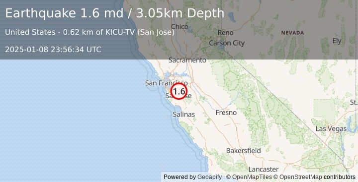 Earthquake 8 km NE of Milpitas, CA (1.6 md) (2025-01-08 23:56:34 UTC)