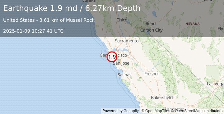 Earthquake 7 km W of Daly City, CA (1.9 md) (2025-01-09 10:27:41 UTC)