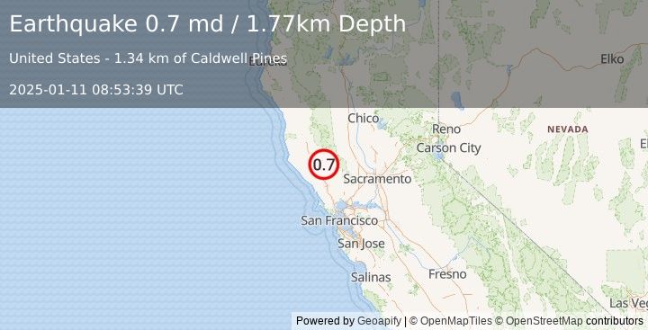 Earthquake 7 km WNW of Cobb, CA (0.7 md) (2025-01-11 08:53:39 UTC)