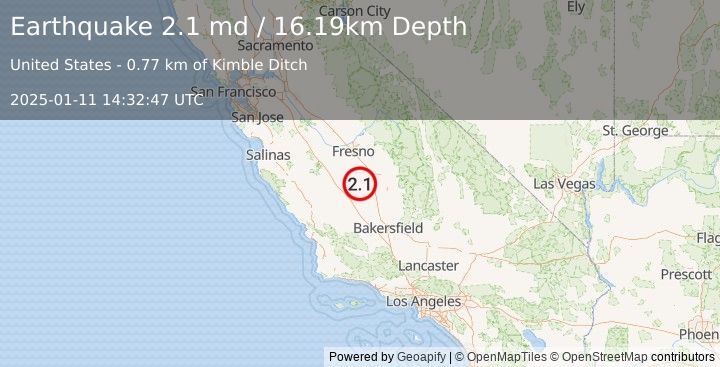 Earthquake 10 km NNW of Corcoran, CA (2.1 md) (2025-01-11 14:32:47 UTC)