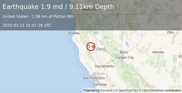 Earthquake 27 km NNE of Alder Springs, CA (1.9 md) (2025-01-11 21:47:26 UTC)