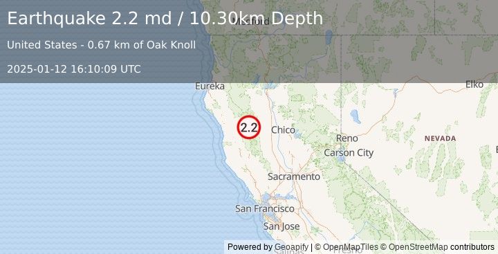 Earthquake 23 km NW of Alder Springs, CA (2.2 md) (2025-01-12 16:10:09 UTC)