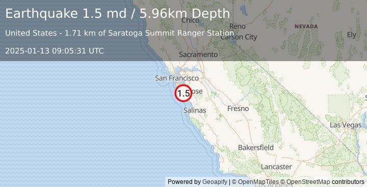 Earthquake 10 km W of Saratoga, CA (1.5 md) (2025-01-13 09:05:31 UTC)