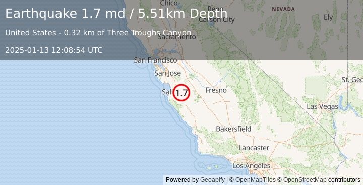 Earthquake 16 km S of Tres Pinos, CA (1.7 md) (2025-01-13 12:08:54 UTC)