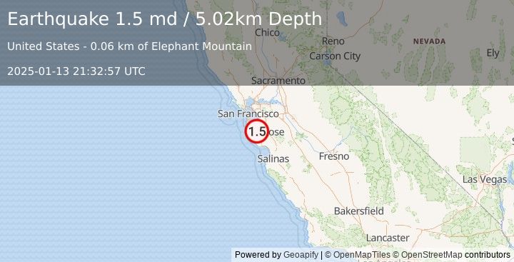 Earthquake 4 km SW of Los Altos Hills, CA (1.5 md) (2025-01-13 21:32:57 UTC)