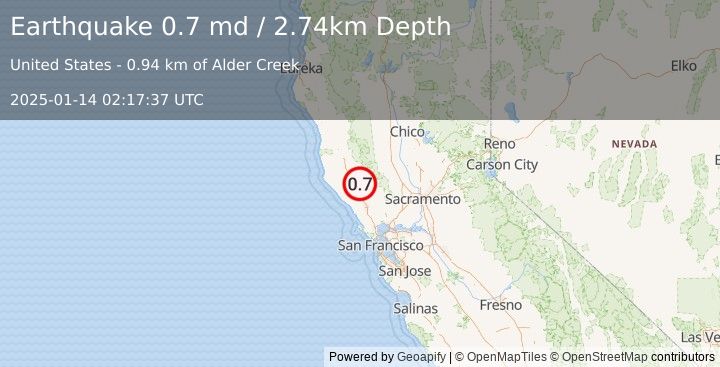 Earthquake 13 km NW of The Geysers, CA (0.7 md) (2025-01-14 02:17:37 UTC)