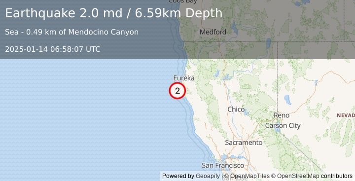 Earthquake 15 km WNW of Petrolia, CA (2.0 md) (2025-01-14 06:58:07 UTC)