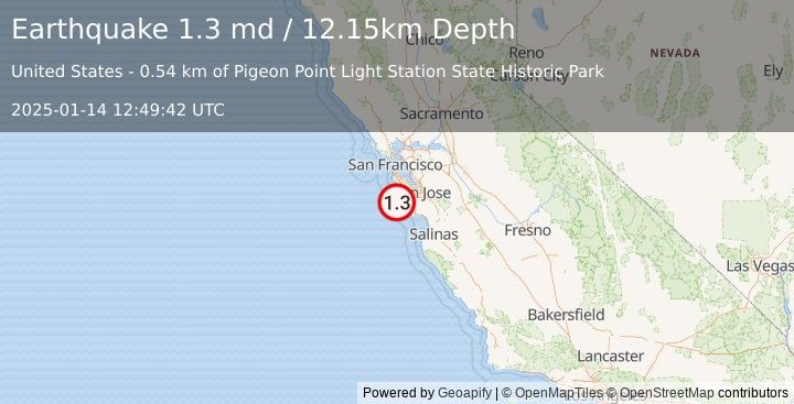 Earthquake 24 km WNW of Boulder Creek, CA (1.3 md) (2025-01-14 12:49:42 UTC)