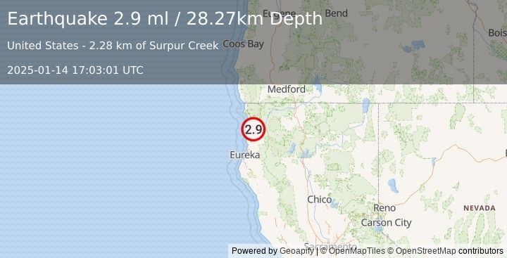 Earthquake 18 km SSE of Klamath, CA (2.9 ml) (2025-01-14 17:03:01 UTC)