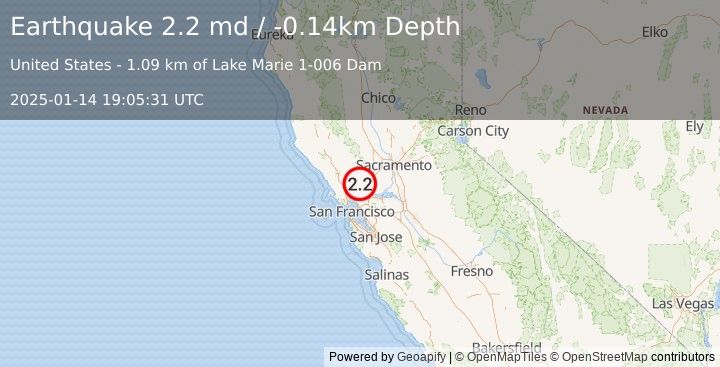 Earthquake 6 km SSE of Napa, CA (2.2 md) (2025-01-14 19:05:31 UTC)