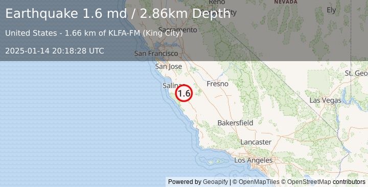 Earthquake 8 km NNE of Greenfield, CA (1.6 md) (2025-01-14 20:18:28 UTC)